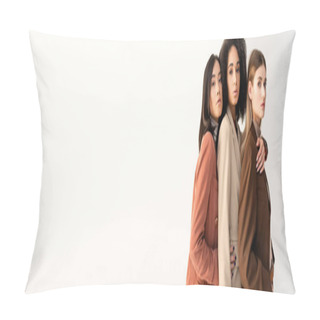 Personality  Young Interracial Women In Pastel Formal Wear Posing On White, Banner Pillow Covers