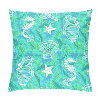Personality  White Vector Line Art Seahorse, Starfish And Seashell Seamless Pattern On Green And Blue Seaweed Background. Pillow Covers