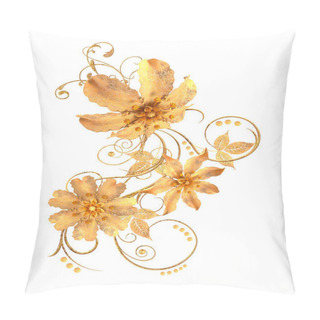 Personality  3d Rendering. Golden Stylized Flowers, Delicate Shiny Curls, Paisley Element. Decorative Corner, Pattern. Isolated On White Background. Pillow Covers