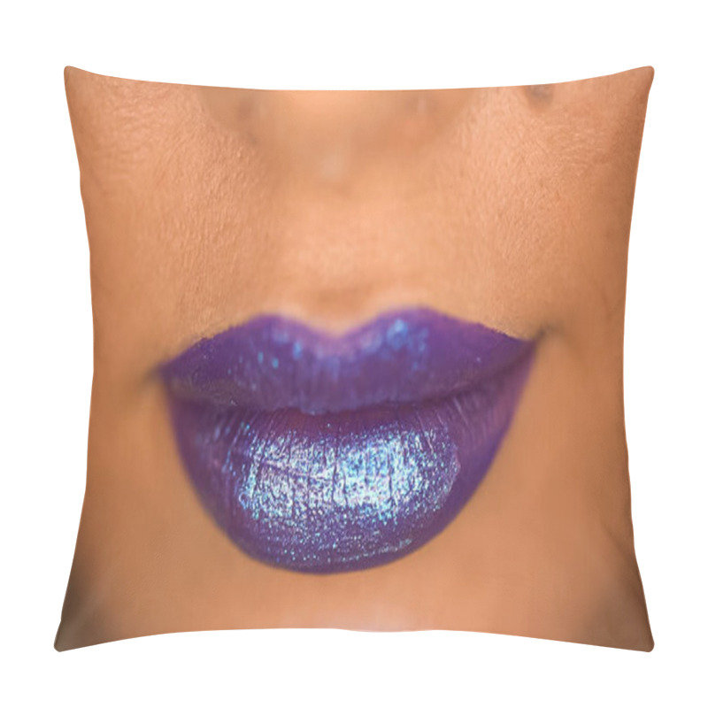 Personality  close up of woman with shimmer on purple lips  pillow covers