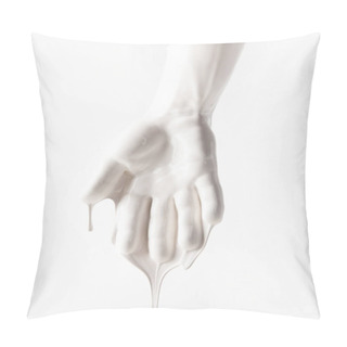 Personality  Cropped Image Of Female Arm In White Dripping Paint Isolated On White Pillow Covers