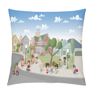 Personality  Kids Playing In Suburb Neighborhood Pillow Covers