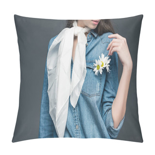 Personality  Cropped View Of Girl In Scarf And Denim Shirt With Flowers, Isolated On Grey Pillow Covers
