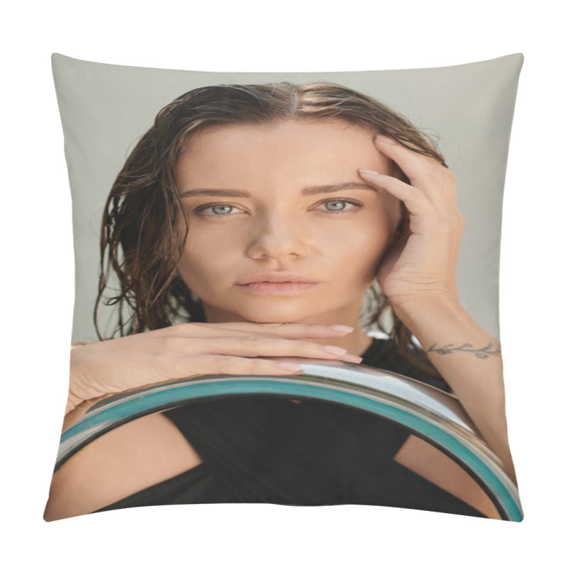 Personality  Close Up, Brunette Woman With Blue Eyes Posing Near Handrail Of Pool Ladder, Look At Camera Pillow Covers