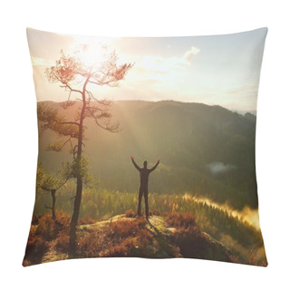 Personality  Sunny Morning. Happy Hiker With Hands In The Air Stand On Rock Bellow Pine Tree. Misty And Foggy Morning Valley. Pillow Covers