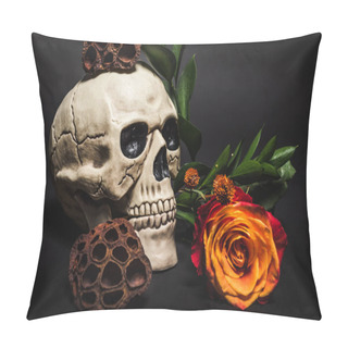Personality  Orange Rose Near Spooky Skull And Dried Lotus Pods On Black  Pillow Covers