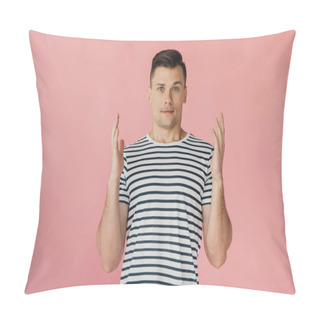 Personality  Front View Of Handsome Young Man With Hands Up In Striped T-shirt Looking At Camera Isolated On Pink Pillow Covers
