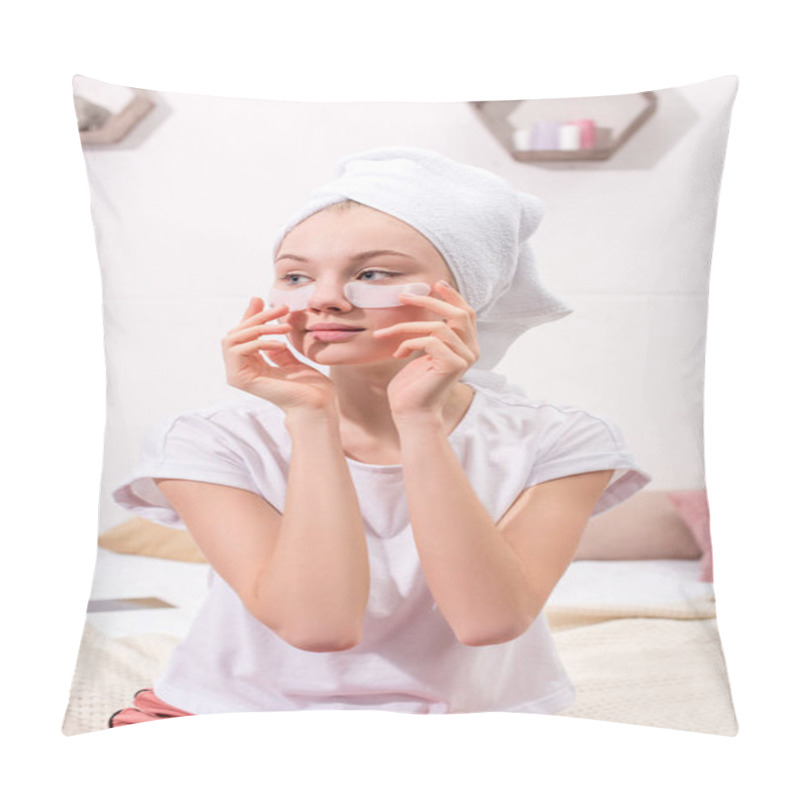 Personality  Attractive Woman Spplying Cosmetic Facial Patches At Home Pillow Covers