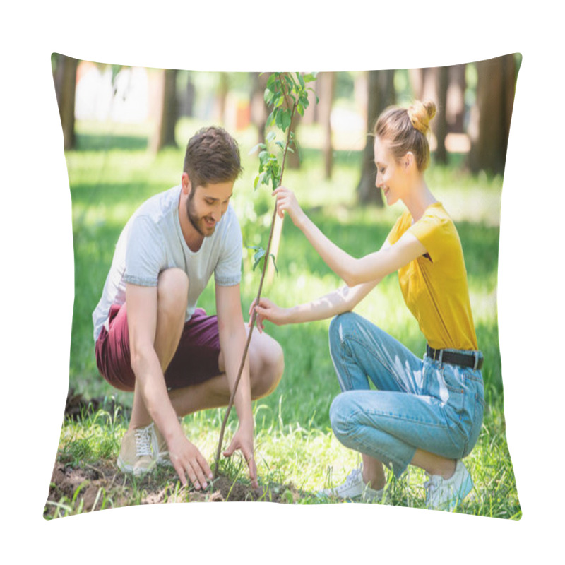 Personality  Young Couple Planting New Tree In Park  Pillow Covers