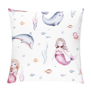 Personality  Watercolor Sea Pattern With Mermaids, Corals, Seahorse. Backgroud For Children's Room Design And Textiles With Submarine Seaweed, Unicorn-fish, Fish And Jellyfish Pillow Covers