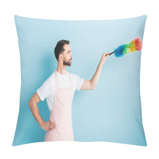 Personality  Side View Of Bearded Man Holding Dust Brush On Blue  Pillow Covers