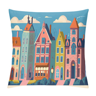 Personality  Cartoon Medieval Town. Vector Illustration In Flat Style. Colorful Houses Landscape Background Pillow Covers