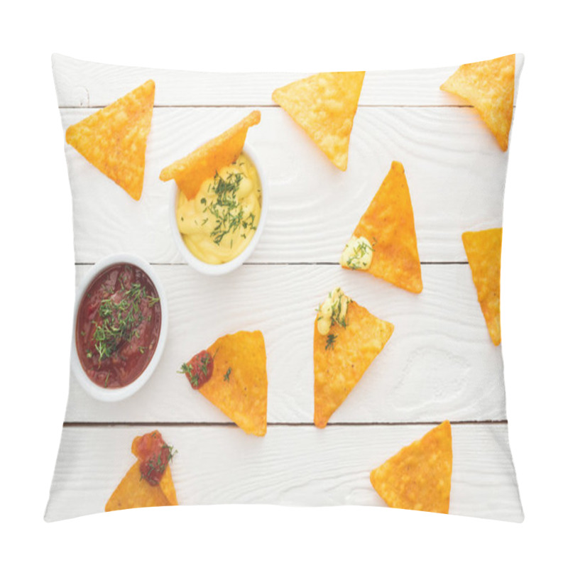 Personality  top view of tasty nachos and sauces on white and wooden surface  pillow covers