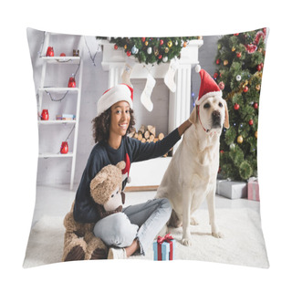 Personality  Smiling African American Girl Stroking Labrador Dog While Sitting On Floor With Teddy Bear  Pillow Covers