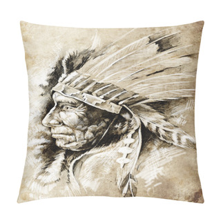 Personality  Sketch Of Tattoo Art, Native American Indian Head, Chief, Vintag Pillow Covers