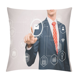 Personality  Cropped View Of Businessman In Suit Pointing At Email Icons Isolated On Grey Pillow Covers