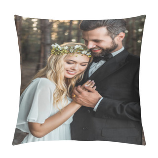 Personality  Beautiful Happy Bride In White Dress And Handsome Groom In Suit Hugging And Holding Hands In Forest  Pillow Covers