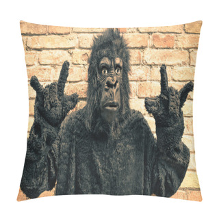 Personality  Funny Fake Gorilla With Rock And Roll Hand Gesture - Hipster Concept Of Anthropomorphic Evolution Of Modern Monkey Pillow Covers