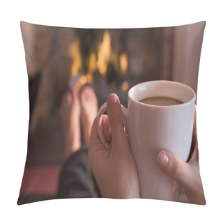 Personality  Feet Warming At A Fireplace With Hands Holding Coffee Pillow Covers