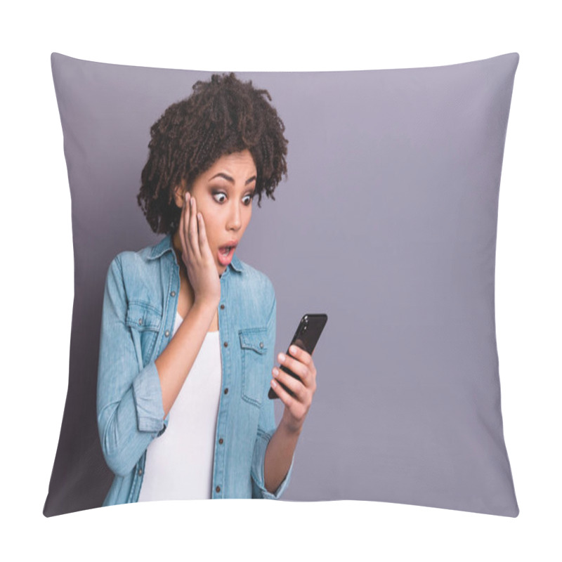Personality  Portrait Of Astonished Youth Reaction Stupor Scream Shout Get News Unbelievable Unexpected Omg Touch Hand Chin Hold Device Wear Modern Denim Clothes Isolated Grey Background Pillow Covers
