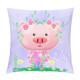 Personality  Cute Baby Girl Pig With Flowers On The Purple Background Pillow Covers