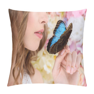 Personality  Cropped Shot Of Young Woman With Butterfly On Hand Pillow Covers