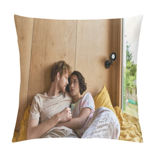 Personality  Interracial Couple Having Tender Moment While Lying Together On Bed And Looking At Each Other Pillow Covers