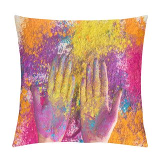 Personality  Cropped View Of Woman With Hands In Multicolored Holi Powder Pillow Covers