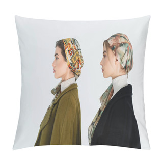 Personality  Side View Of Women In Patterned Headscarves Isolated On White Pillow Covers