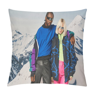 Personality  Young Interracial Couple Hugging And Looking At Camera With Mountain Backdrop, Winter Concept Pillow Covers