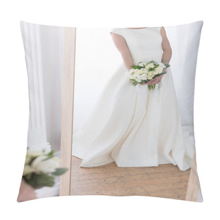 Personality  Cropped View Of Reflection Of Bride In Traditional Dress With Wedding Bouquet In Mirror Pillow Covers