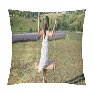 Personality  Back View Of Kid In White Summer Dress Riding Swing In Meadow, Banner Pillow Covers