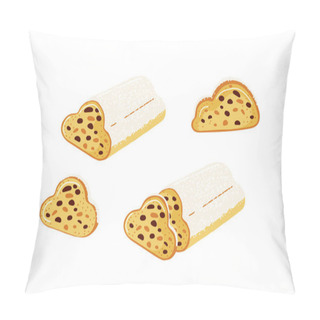 Personality  Stollen Traditional German Pastry For Christmas,advent Time.Sweet Bread With Raisins In Winter Time.Set Of Different Views.Vector Illustration In Cartoon Style Isolated On White Background. Pillow Covers