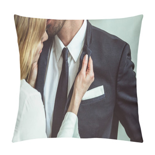 Personality  Young Businesswoman Holding Jacket Collar Of Businessman. Flirting Couple Of Unrecognizable Caucasian People. Passionate Love Affair In Office Workplace. Close Up Shot Pillow Covers