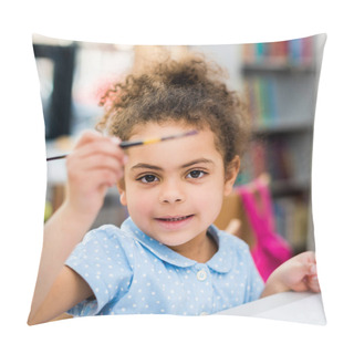 Personality  Selective Focus Of Cheerful African American Kid Holding Paintbrush  Pillow Covers
