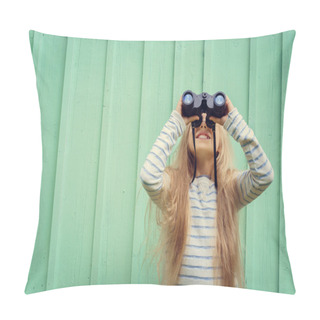 Personality  Cute Little Girl Stands Near A Turquoise Wall And Looks Binoculars. Space For Text Pillow Covers