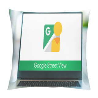 Personality  POZNAN, POL - JUL 10, 2021: Laptop Computer Displaying Logo Of Google Street View, A Technology Featured In Google Maps And Google Earth Pillow Covers
