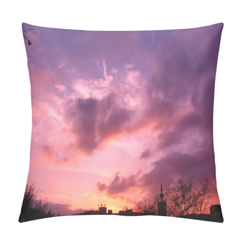 Personality  Vibrant and colorful orange sunset with silhouette of mountain pillow covers