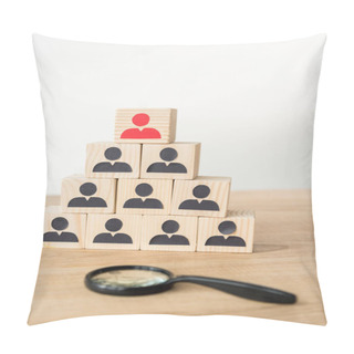 Personality  Selective Focus Of Management Hierarchy Pyramid Near Magnifier On White  Pillow Covers