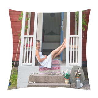 Personality  Attractive Woman Sitting On A Veranda Pillow Covers
