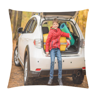 Personality  Smiling Boy Sitting In Car Trunk Pillow Covers