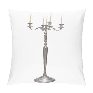 Personality  Vintage Silver Candlestick With Burning Candles Isolated On White Background Pillow Covers