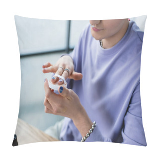 Personality  Cropped View Of Transgender Person Holding Sponge And Face Powder In Studio  Pillow Covers