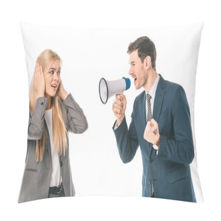Personality  Emotional Businessman Shouting With Megaphone At Frightened Female Colleague Isolated On White Pillow Covers