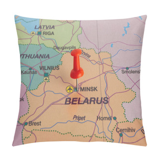 Personality  Belarus Selective Focus On Minsk- Capital City, Pinned On Political Map. Pillow Covers