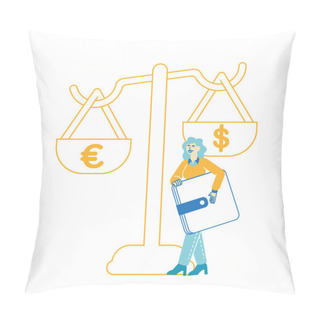 Personality  Female Character Enjoy Finance Success, Saving Euro And Dollars Currency In Wallet. People And Money Concept. Tiny Woman Carry Huge Purse Full Of Cash And Credit Cards. Linear Vector Illustration Pillow Covers