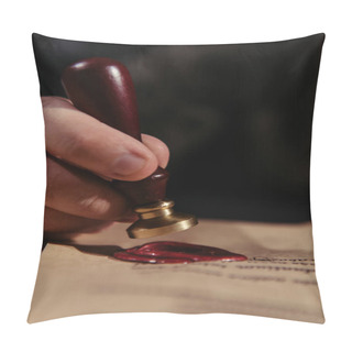 Personality  Partial View Of Priest With Wax Seal Near Medieval Chronicle On Parchment Isolated On Black Pillow Covers