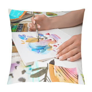 Personality  Selective Focus Of Female Hands Drawing In Album With Watercolor Paints And Paintbrush Pillow Covers