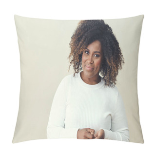 Personality  Smiling Afro Woman With Brown Highlights On Curly Hair Looking At Camera Against White Background Pillow Covers