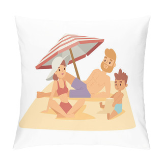 Personality  Family On Beach Vector Illustration. Pillow Covers